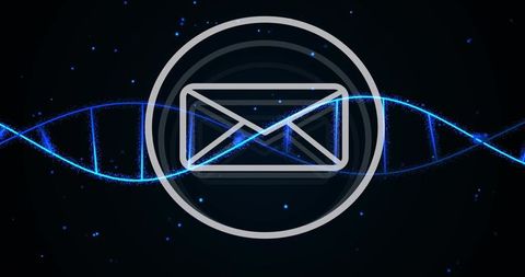 Neon envelope icon in concentric rings with blue dna helix holographic particles