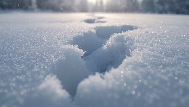 Leading footprint trail receding toward low sun across sparkling frosty snowfield dawn