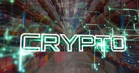 Digital theme highlights cryptocurrency overlayed with tech connections in a warehouse. Represents intersection of digital economy and traditional logistics sectors. Ideal for articles on blockchain, the future of commerce, data management in supply chains, or cybersecurity in logistics.