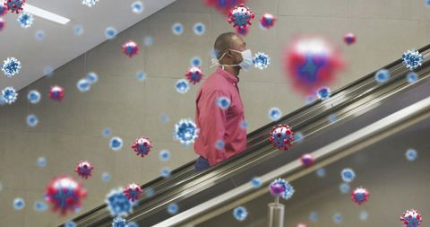 Man Wearing Mask on Escalator Surrounded by Virus Cells Concept