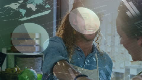 Cheerful Shopkeeper Interacting with Customer Amid Economic Insights Graphics