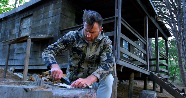 Man in camouflage clothing carving wood with a knife outside a rustic wooden cabin. He is focused and appears to be engaging in a survival skill or craftsmanship activity. Ideal for use in content related to survival skills, outdoor activities, rustic living, and craftsmanship.