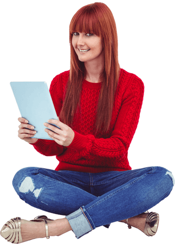 happy redheaded woman using tablet on transparent background - Download Free Stock Videos Pikwizard.com