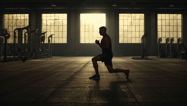 Male athlete performing lunge in industrial warehouse gym silhouette backlit strength training