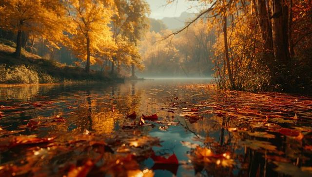 Floating autumn leaves on tranquil woodland pond