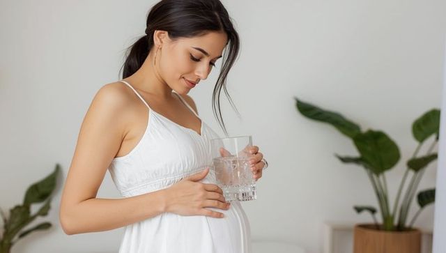 Pregnant woman holding water glass standing next to plants