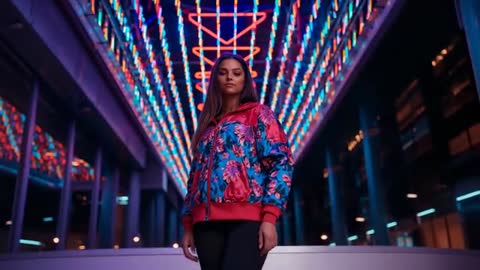 Model Posing Under Neon LED Tunnel in Vibrant Night Scene