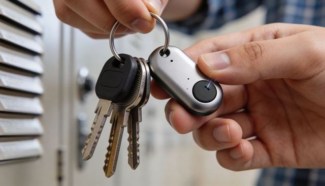 Hand pressing smart key tracker on keyring near metal locker door for quick key location
