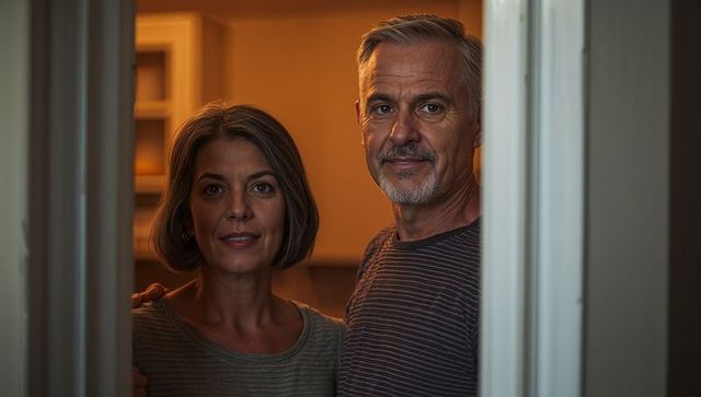 Mature couple standing in doorway of home, warm intimate portrait, evening light