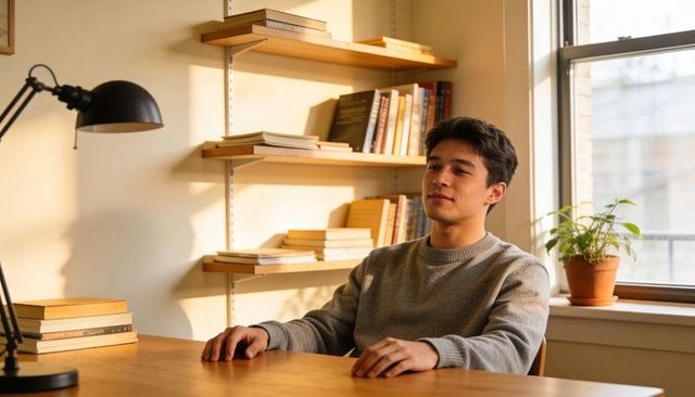 Young asian man resting forearms on wooden desk in sunlit minimalist home office