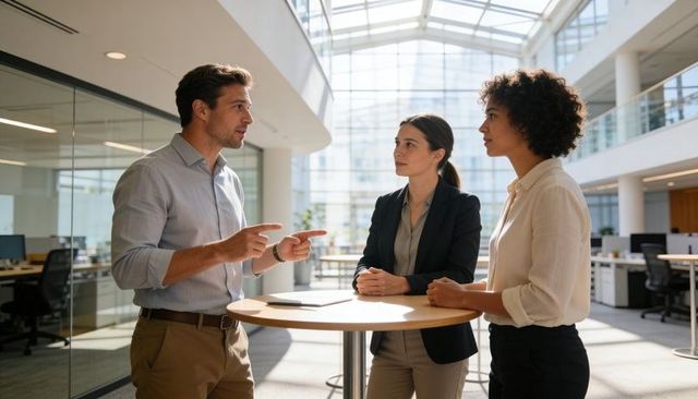 Manager presenting strategy while colleagues listening and engaging in bright office atrium