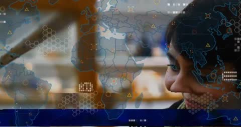 Futuristic Customer with Digital World Map and Data Icons in Retail Space