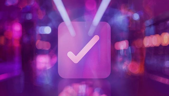 Futuristic Purple Check Mark with Neon Bokeh Lights Background