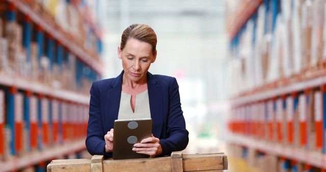 Businesswoman standing in a warehouse using a digital tablet. Stacks of storage racks filled with boxes can be seen in the background. She is likely engaged in inventory management or logistics operations. Ideal for use in contexts related to business, technology in logistics, warehouse management, or professional environments.