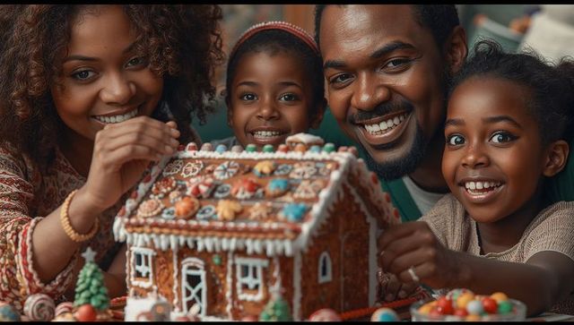 Happy family decorating festive gingerbread house together