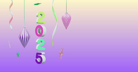 2025 Celebration with Colorful Ornaments and Ribbons on Purple Gradient