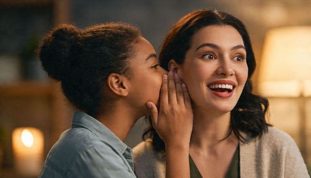 Daughter whispering secret to smiling mother in cozy living room with warm candlelight