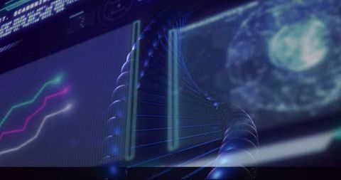 Glowing 3d dna helix twisting through futuristic holographic genomics data interface
