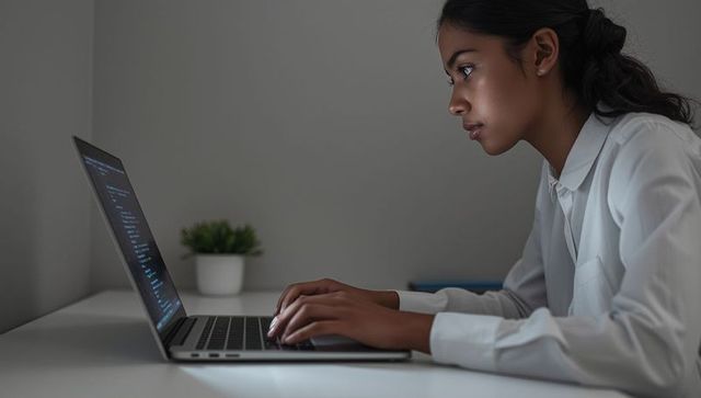 Focused Woman Writing Code on Laptop in Minimal Home Office