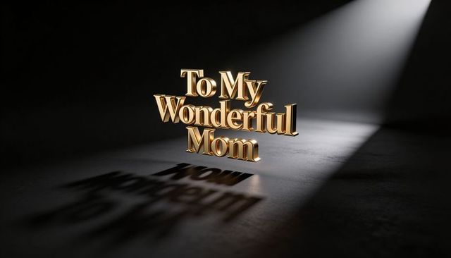 Golden gilded 'to my wonderful mom' floating 3d metallic typography under dramatic spotlight
