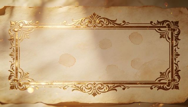 Ornate vintage parchment with gold foil filigree border, aged vellum stains