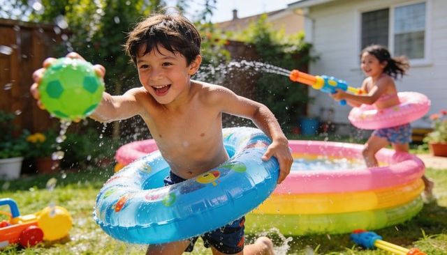 Joyful kids splashing in sunny backyard pool with water guns and inflatable rings