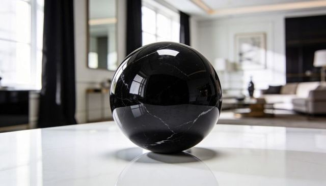 Polished black marble sphere reflecting luxury living room on white marble tabletop