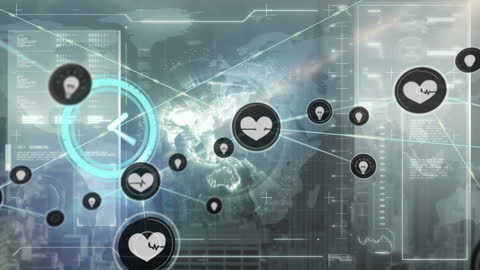 Digital World Network with Heartbeat Icons Connecting Globe