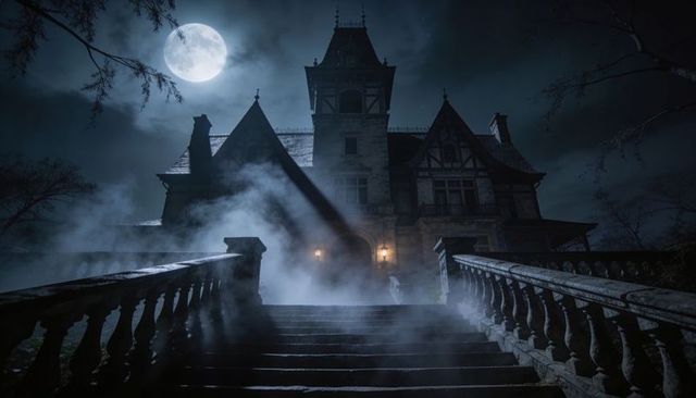 Gothic mansion looming under moonlight with fog-shrouded stone steps and balustrades