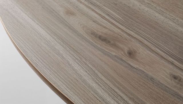 Round weathered oak tabletop showing natural grain, knots, rings and matte plank texture