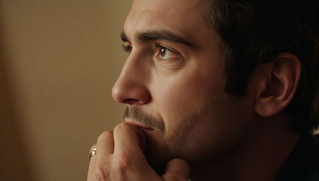 Contemplative man gazing into distance with hand on chin warm beige portrait moody headshot