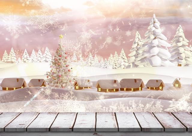 This image depicts a serene winter wonderland with a snowy village and a beautifully decorated Christmas tree. Snowflakes gently fall, creating a festive and peaceful atmosphere. The wooden plank in the foreground adds a rustic touch, making it perfect for holiday-themed designs, greeting cards, seasonal advertisements, and winter event promotions.