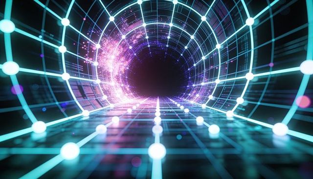 Neon data tunnel receding into dark void featuring glowing grid nodes and magenta cloud