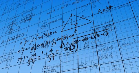 Complex mathematical equations on digital grid background