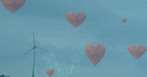 Hearts Floating with Wind Turbine and Digital Data Overlay