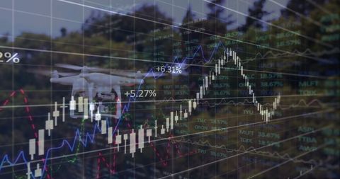 Innovative drone technology merging with financial data visualization in nature environment