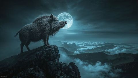Majestic wild boar under full moon on rocky cliff