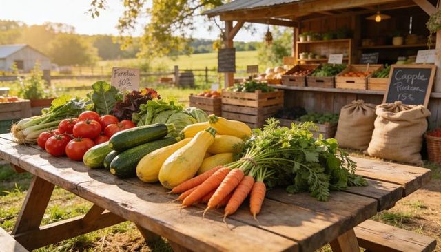 Sunlit farm stand displaying fresh tomatoes zucchini summer squash and carrots, rustic market