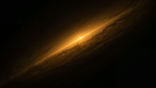 Glowing golden terminator cutting across dark space with radiant halo and cloud limb