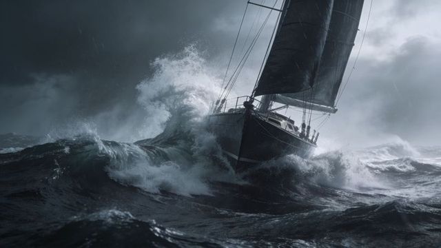 Sloop yacht cutting through towering storm waves while crew bracing lines offshore