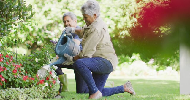 Elderly couple engaged in gardening together, enhancing their outdoor garden by watering plants and flowers. This image can be used in articles about healthy living for seniors, outdoor activities for retired persons, and the benefits of gardening for older adults.