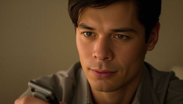 Young Man Checking Smartphone in Warm Low Light, Thoughtful Portrait for Tech Lifestyle