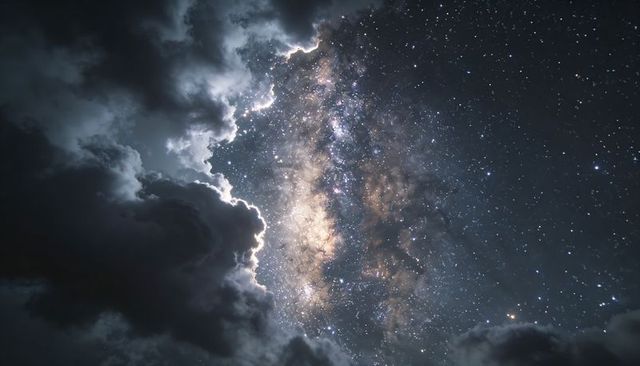 Revealing Milky Way Core Through Silvered Clouds Over Starfield Cosmic Backdrop Cinematic