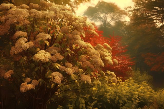 Elderberry tree with white flowers and berries in field, created using generative ai technology. Elderberry tree, blossom, nature and summer concept digitally generated image.