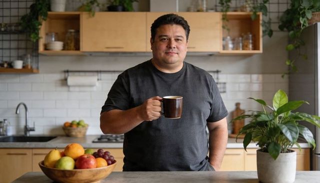 Casual man enjoying morning coffee in modern kitchen with fruit bowl and houseplant