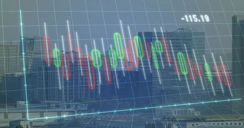 Candlestick Market Chart Overlay Floating Over City Skyline for Finance Analytics