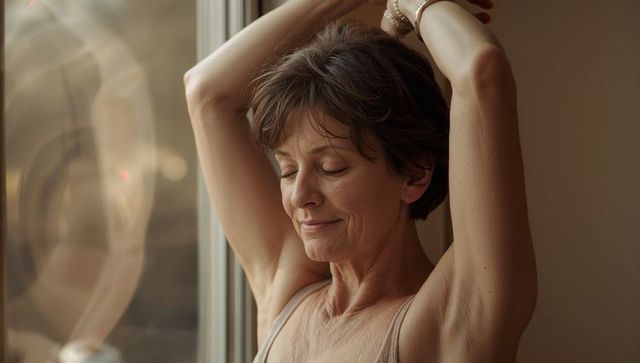 Stretching mature woman by sunlit window practicing calm morning self-care and mindfulness