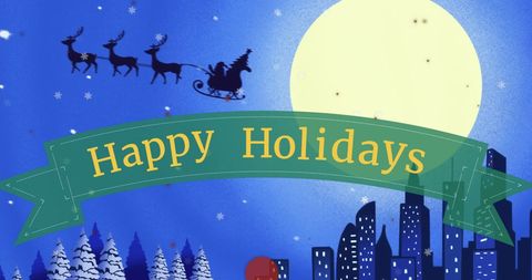 Santa Sleigh over City with Happy Holidays Banner - Download Free Stock Images Pikwizard.com