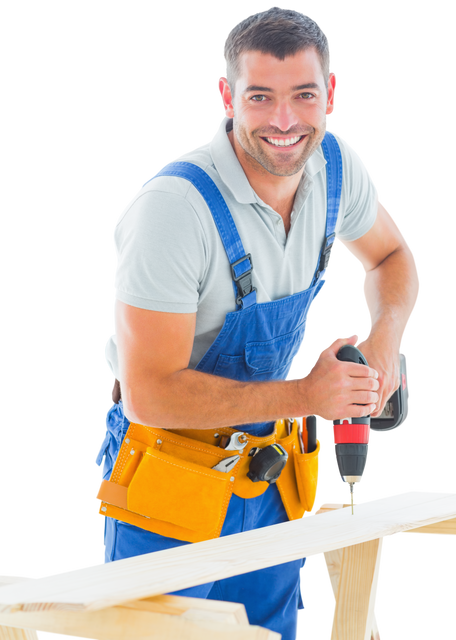 Transparent Background Smiling Carpenter Using Power Drill on Wood - Download Free Stock Videos Pikwizard.com