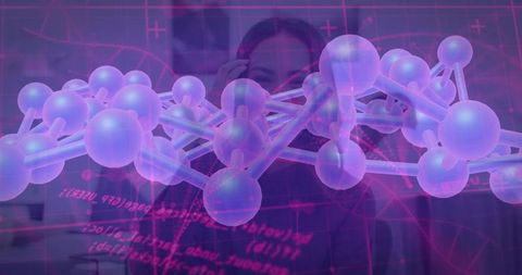 Scientists Adjusting Holographic Molecular Model Using Augmented Reality Data Overlay and Code Visua